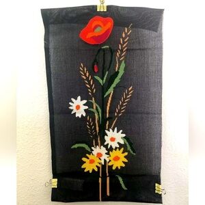 Vintage Finished Needlepoint Daisy Wheat Pansy Red White Yellow Orange Green Tan